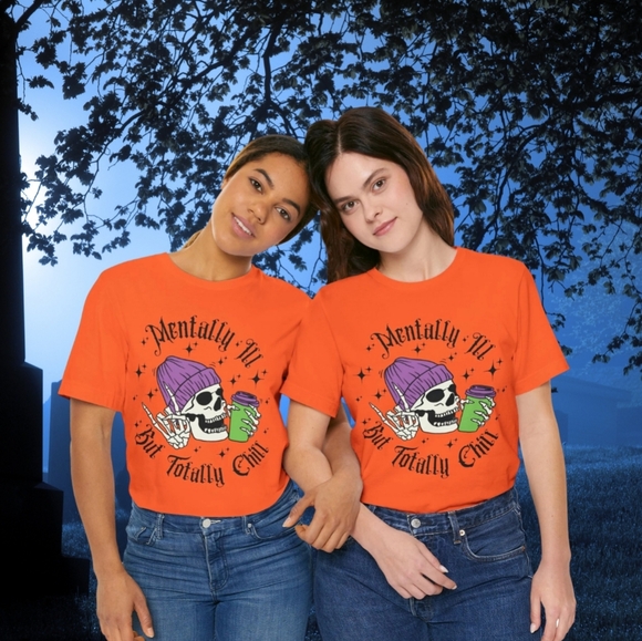 Mentally Ill But Totally Chill Funny Halloween Skeleton Shirt for Coffee Lovers - Picture 9 of 10